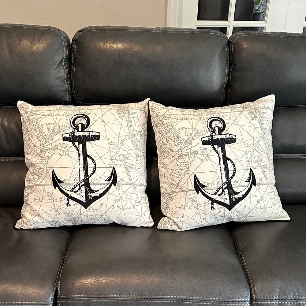 Anchor Throw Pillows (2) Embroidered Black and white